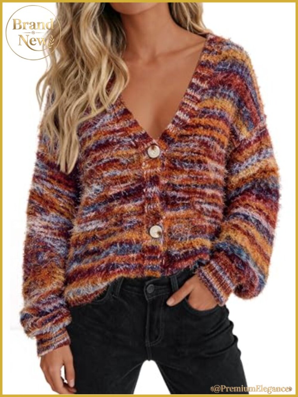 Women's Striped V-Neck Cardigan Sweater Button Front Long Sleeve Knit Fuzzy